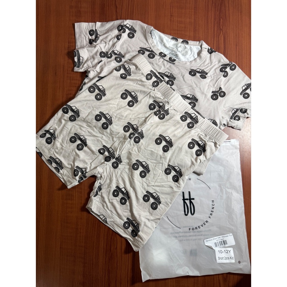Forever French Bamboo Short Set Monster Truck Tan Black Kids 10-12Y 2pc Pajamas